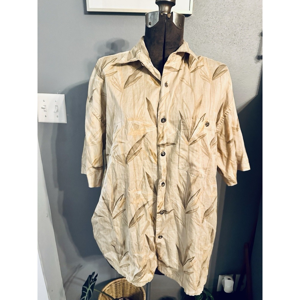Hilo Hattie Mens‎ Tan Tropical Leaf 60 Single Cotton Sateen Aloha Shirt Medium